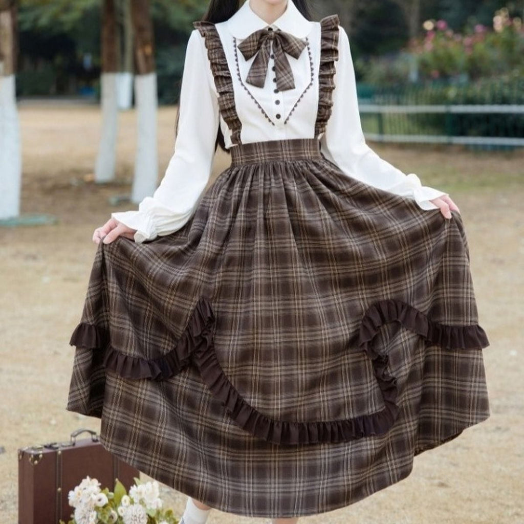 Brown Plaid Jumper Skirt Ensemble