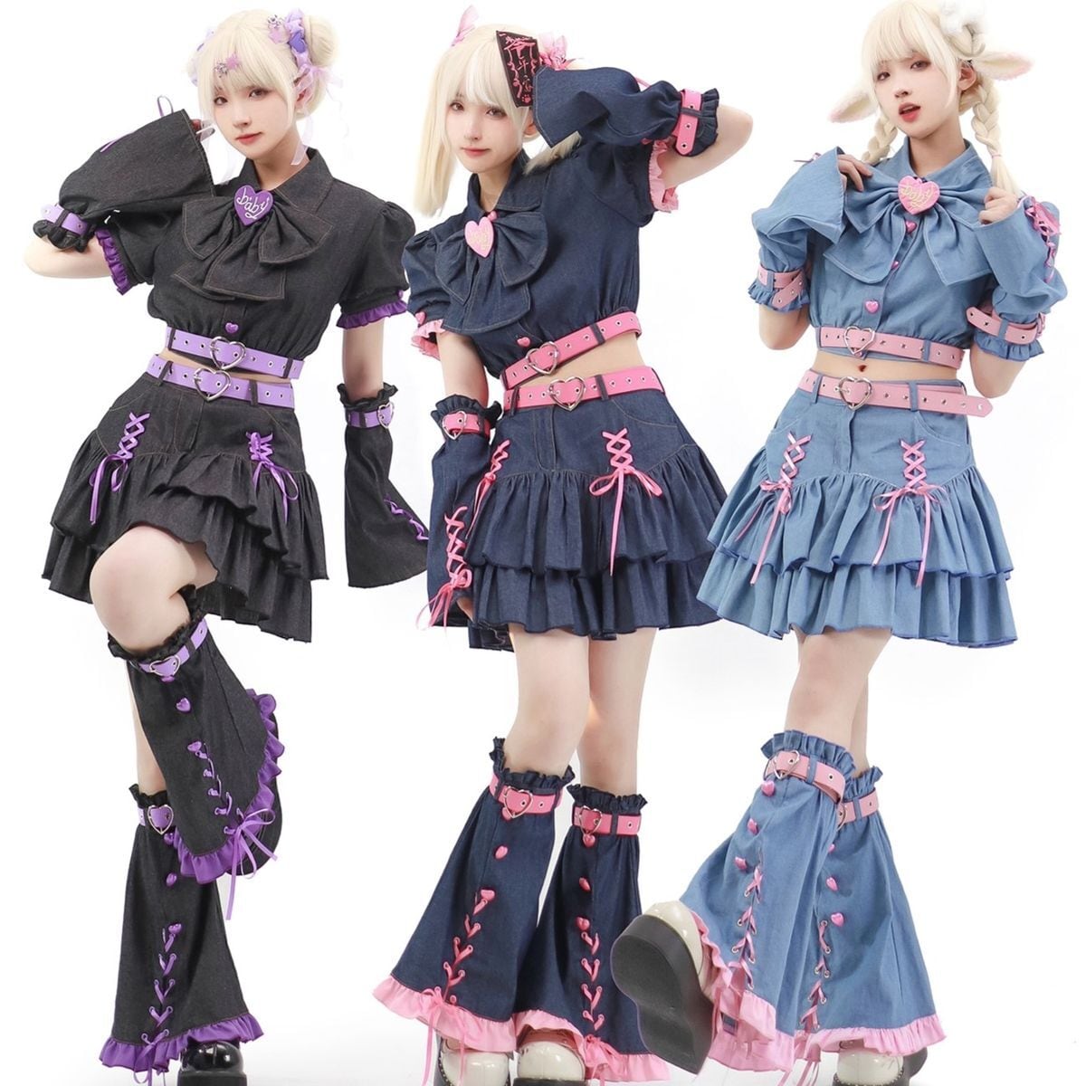 Y2K Mini Skirt Heart Denim Set