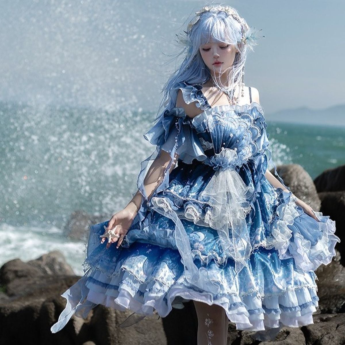 Blue Ruffle Gradient Dress Set