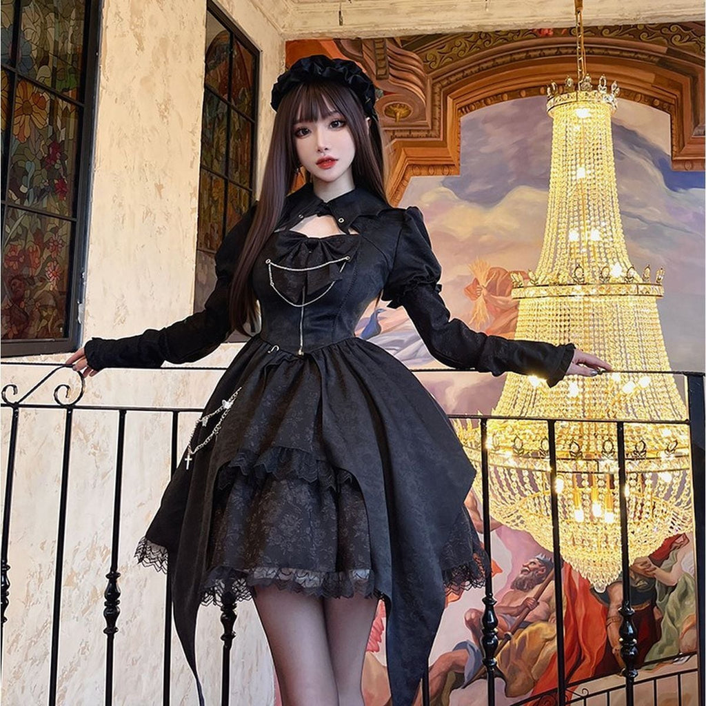 Gothic Chain-Embellished Frill Dress