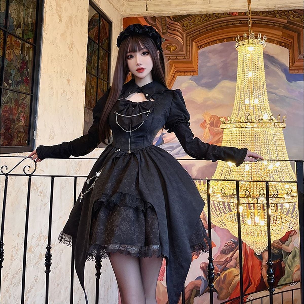 Gothic Chain-Embellished Frill Dress