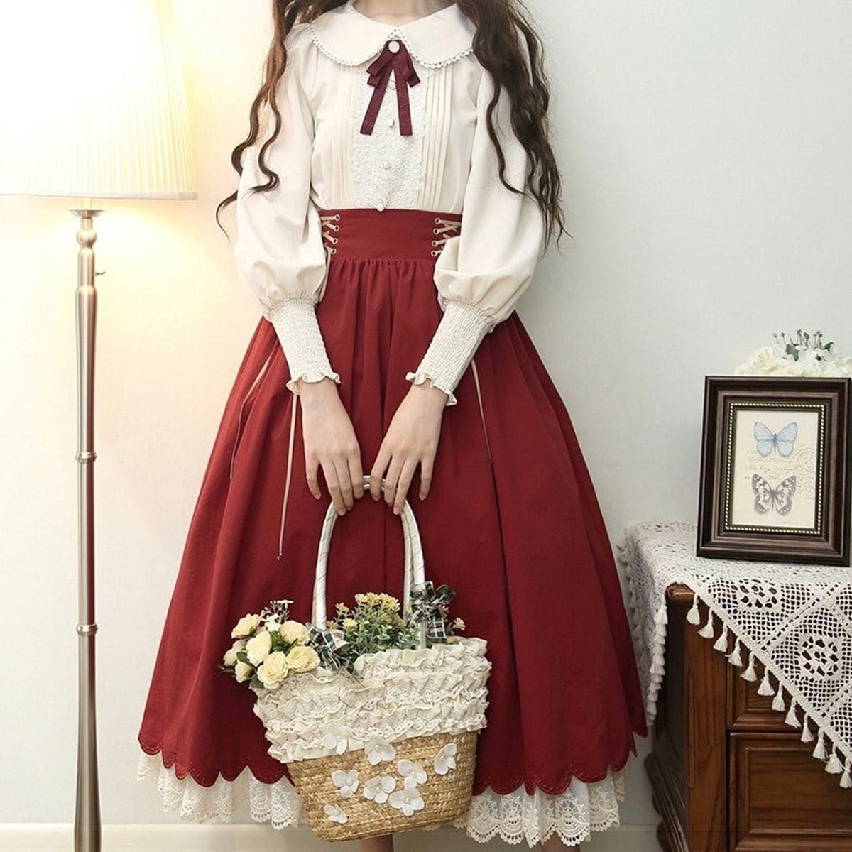 Frilled Sleeve Blouse and Lace-Up Maxi Skirt Set