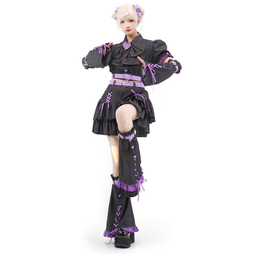 Y2K Mini Skirt Heart Denim Set