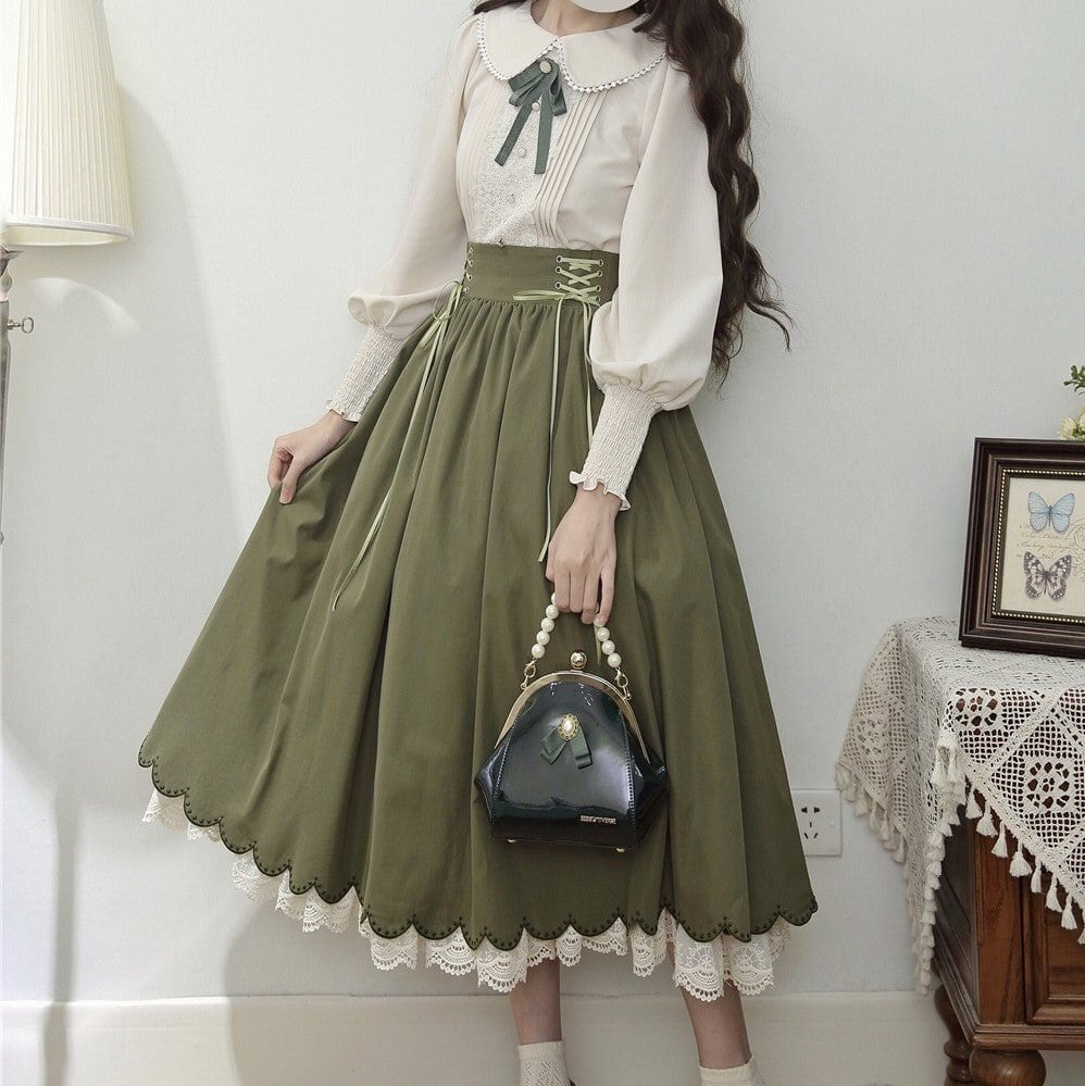 Frilled Sleeve Blouse and Lace-Up Maxi Skirt Set