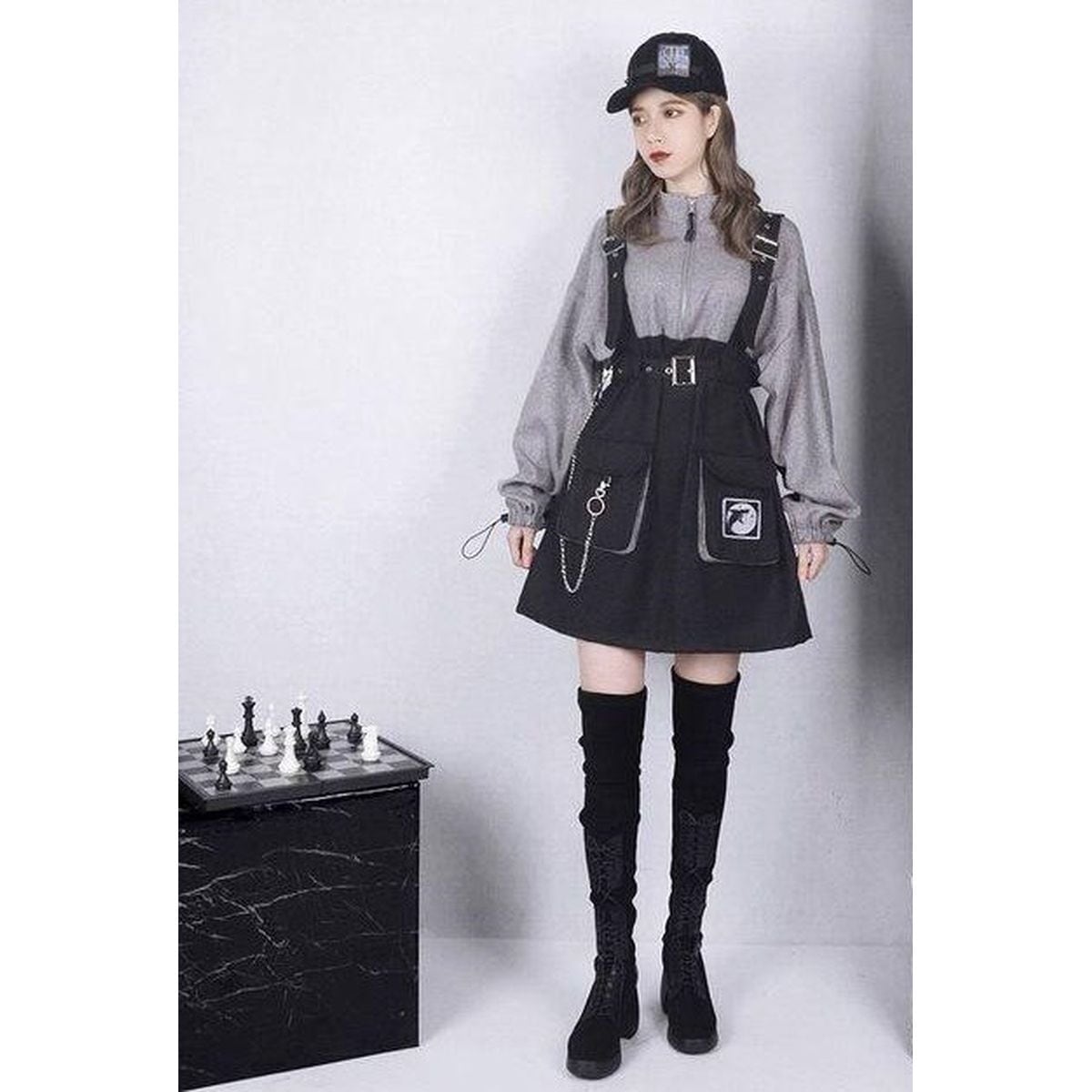 Stylish Felt Dress with Suspenders