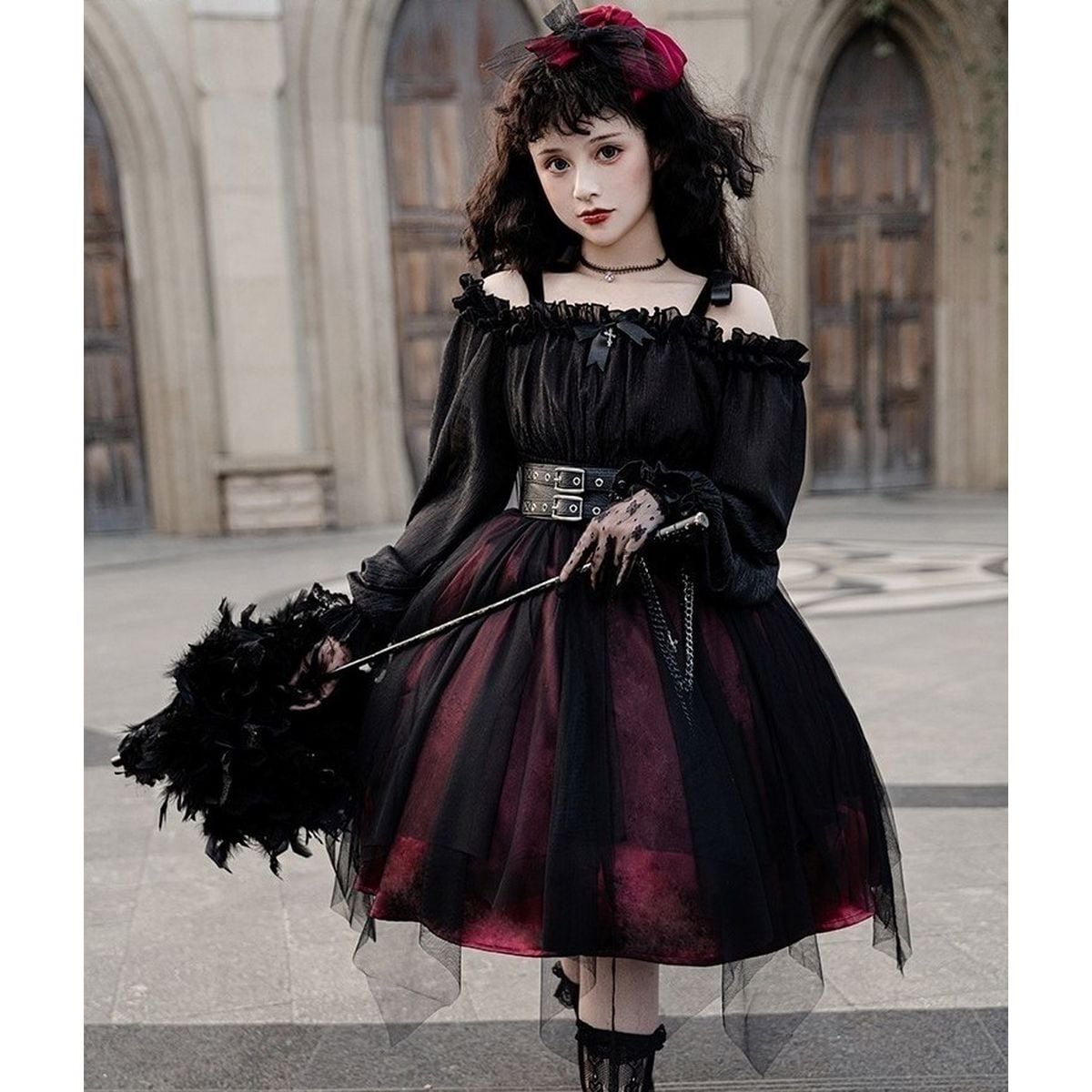 Gothic Off-Shoulder Double Belt Dress