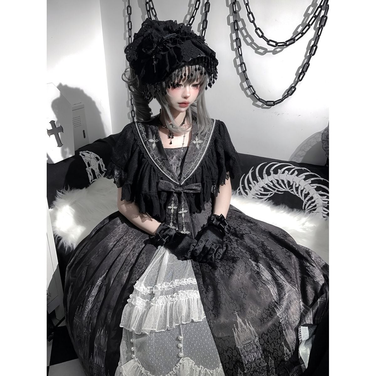 Gothic-Inspired Cape Jumper Skirt Outfit