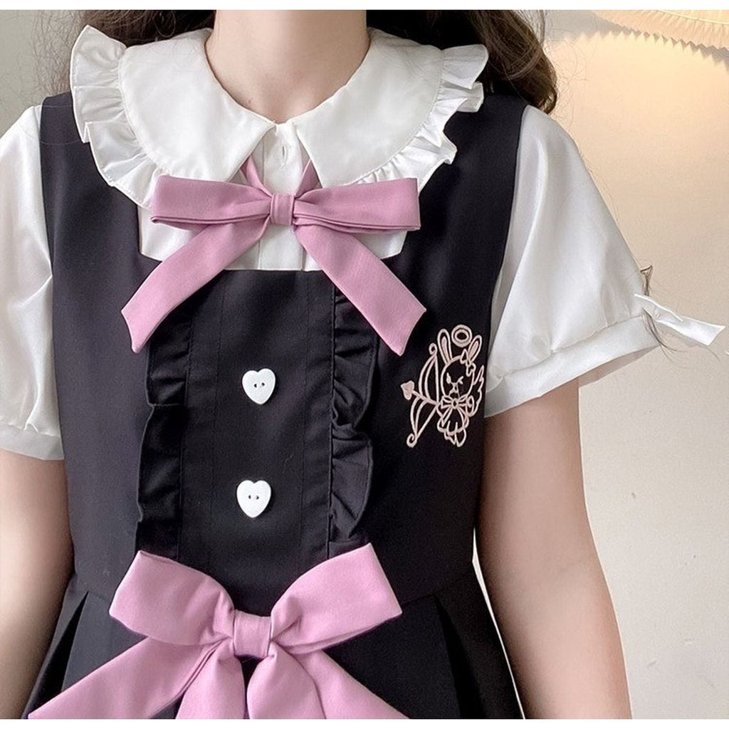 Cute Frill Blouse and Ribbon Jumper Skirt Set