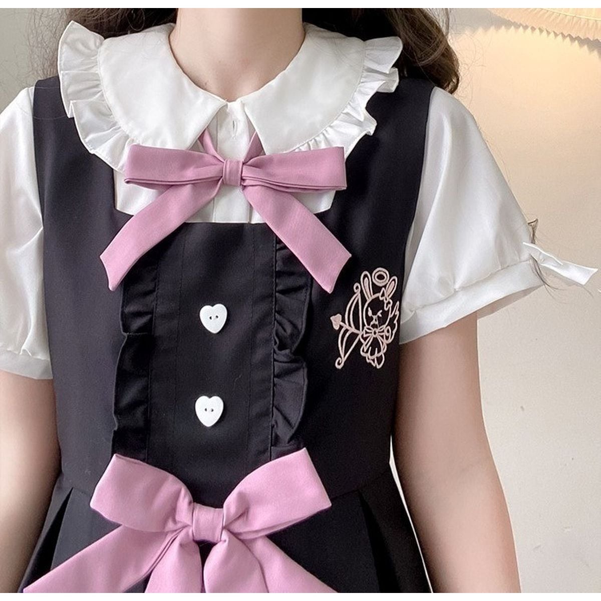 Cute Frill Blouse and Ribbon Jumper Skirt Set