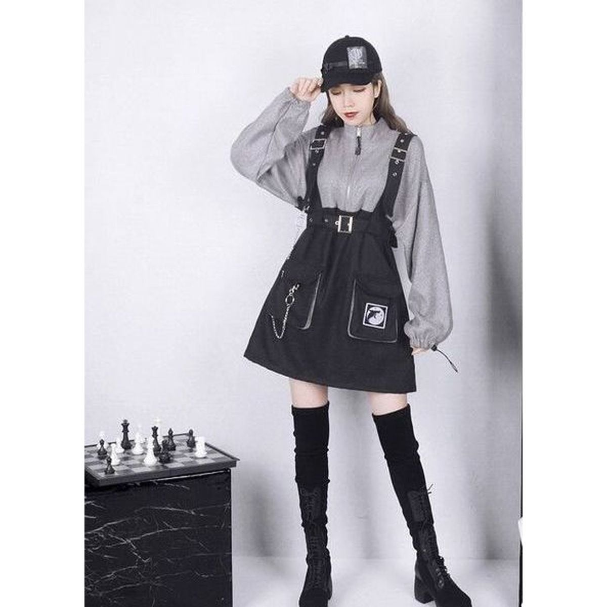 Stylish Felt Dress with Suspenders