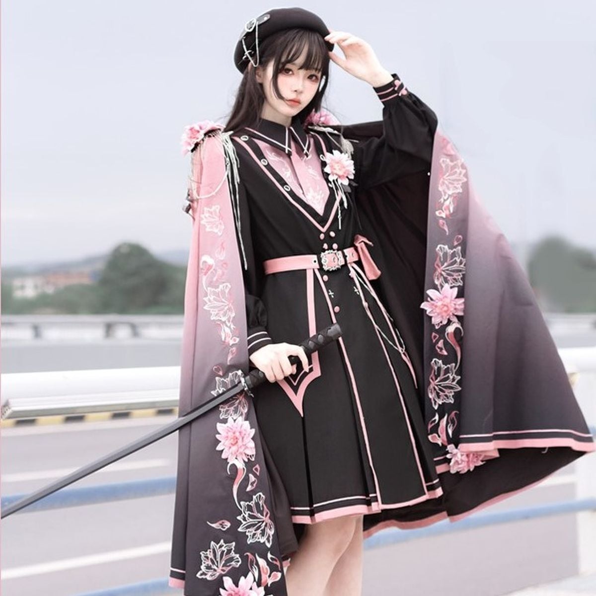 Pink and Black Military Lolita Dress Set