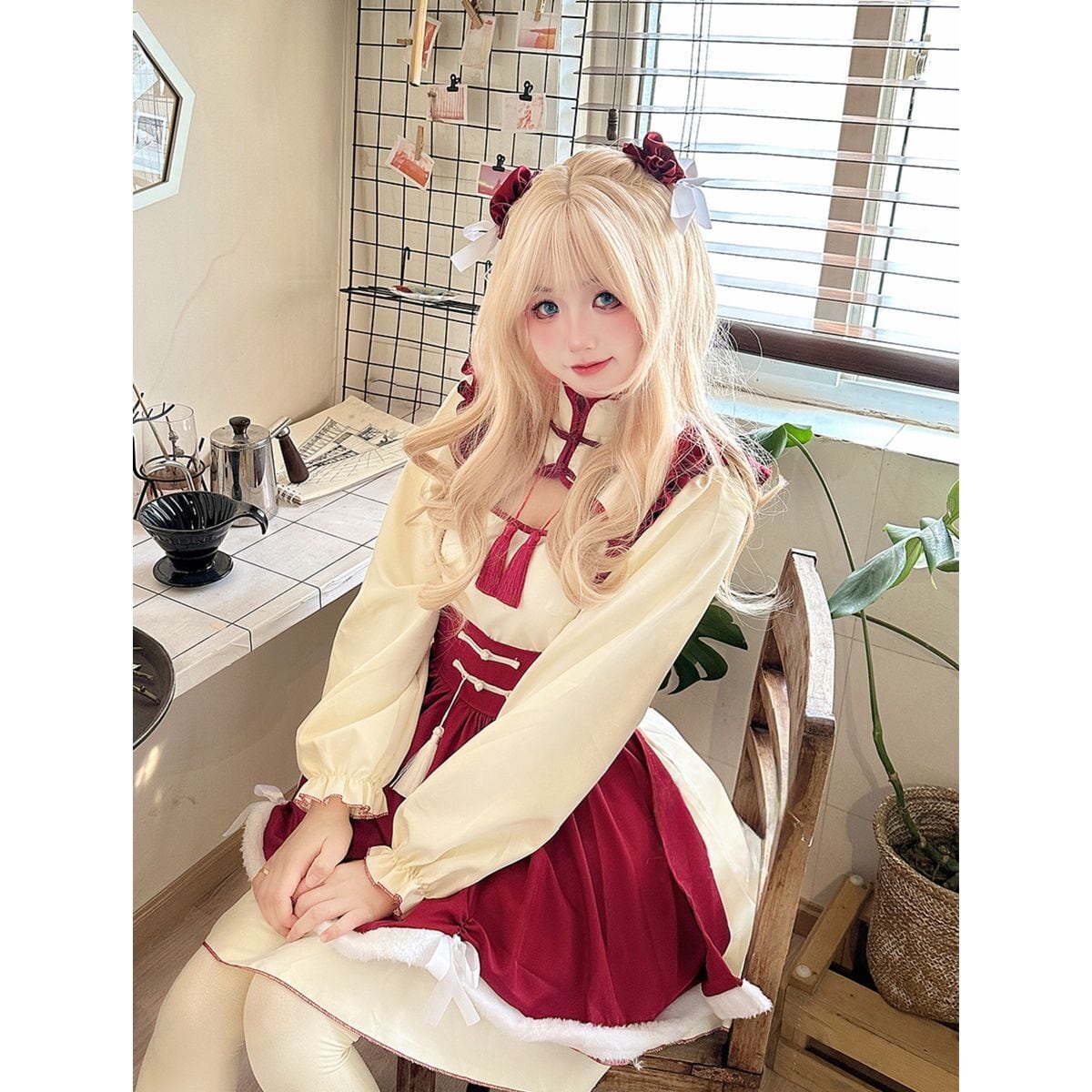 Red Frilled Maid Outfit with Chinese Design