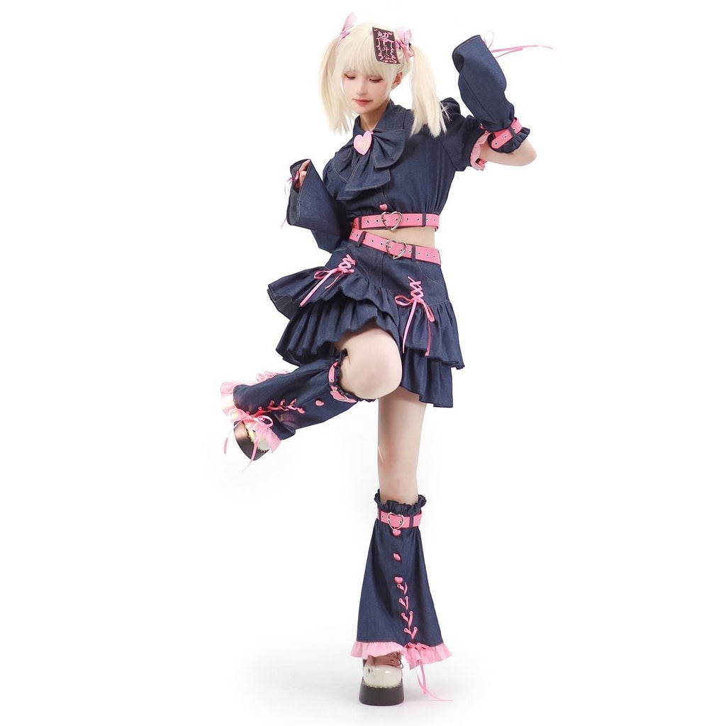 Y2K Mini Skirt Heart Denim Set