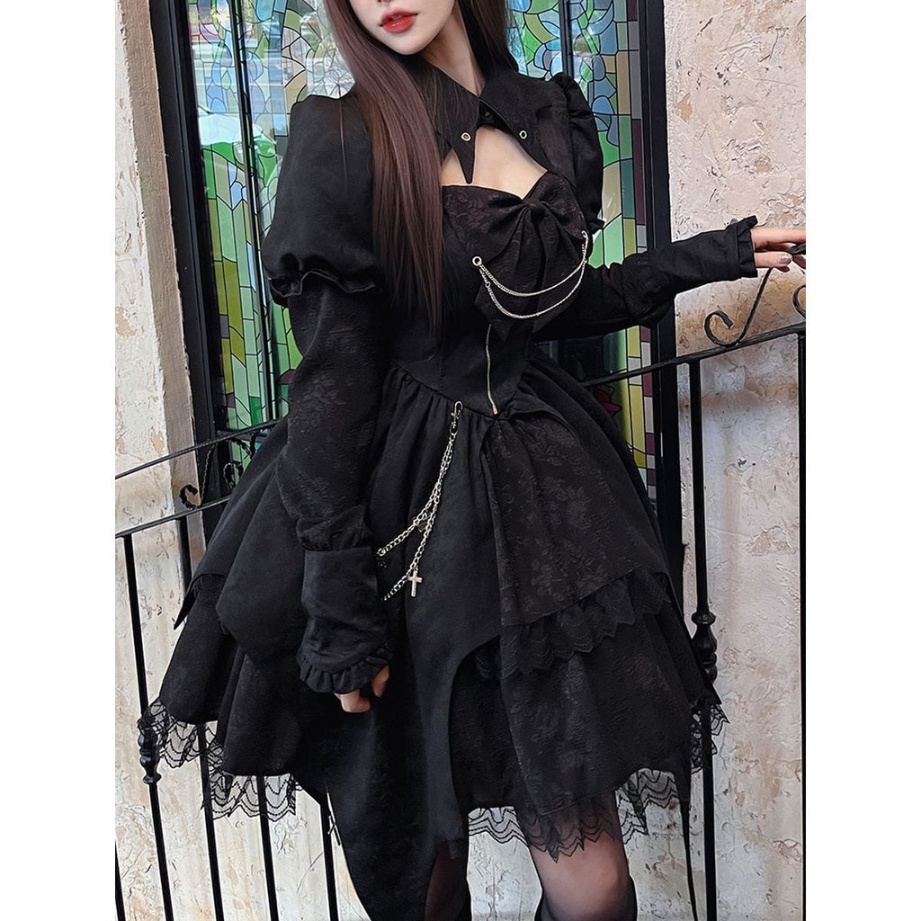 Gothic Chain-Embellished Frill Dress