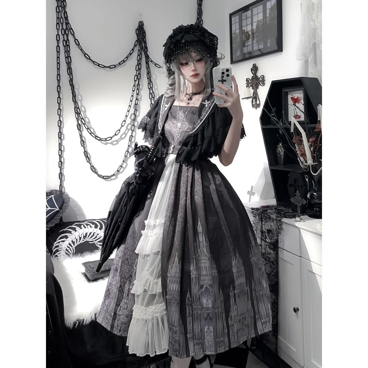 Gothic-Inspired Cape Jumper Skirt Outfit