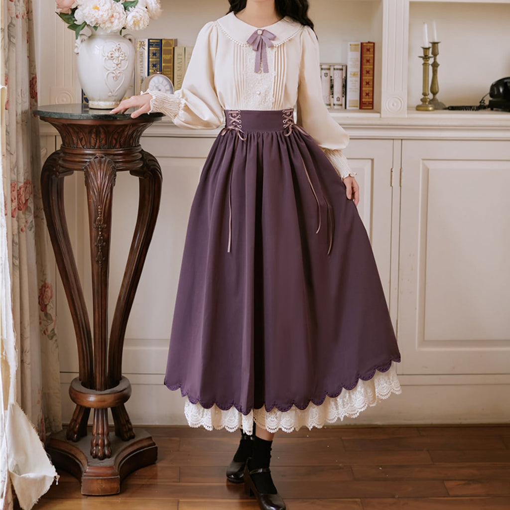Frilled Sleeve Blouse and Lace-Up Maxi Skirt Set