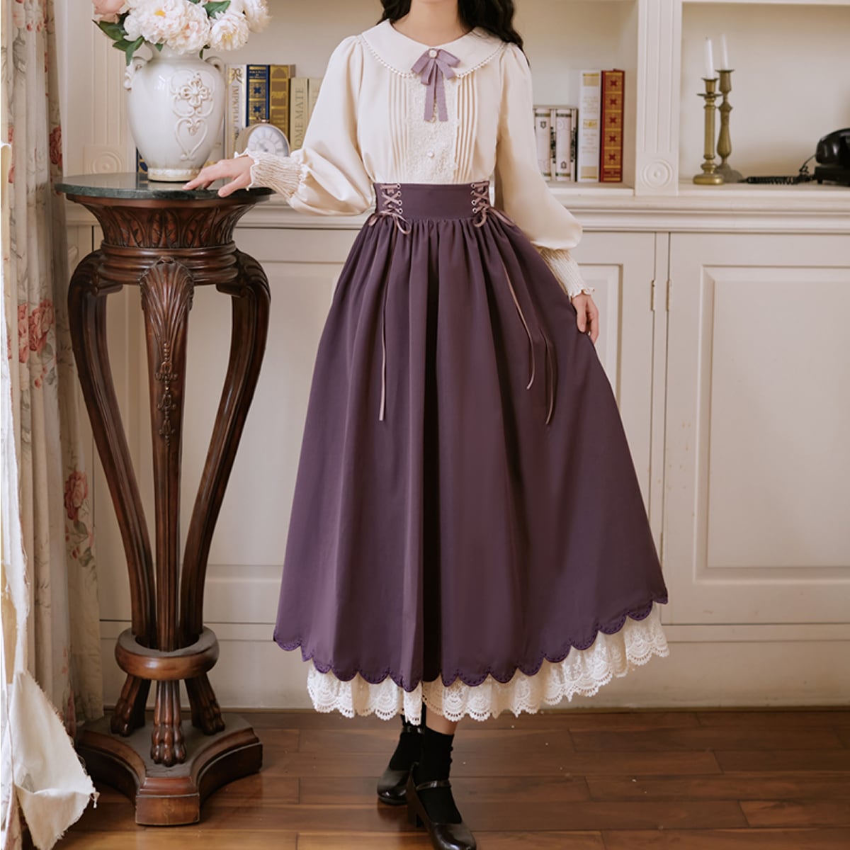Frilled Sleeve Blouse and Lace-Up Maxi Skirt Set