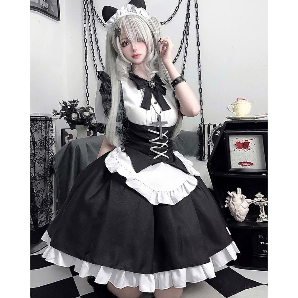 Gothic Lace-Up Frill Maid Dress