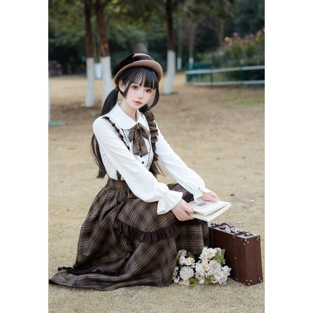 Brown Plaid Jumper Skirt Ensemble