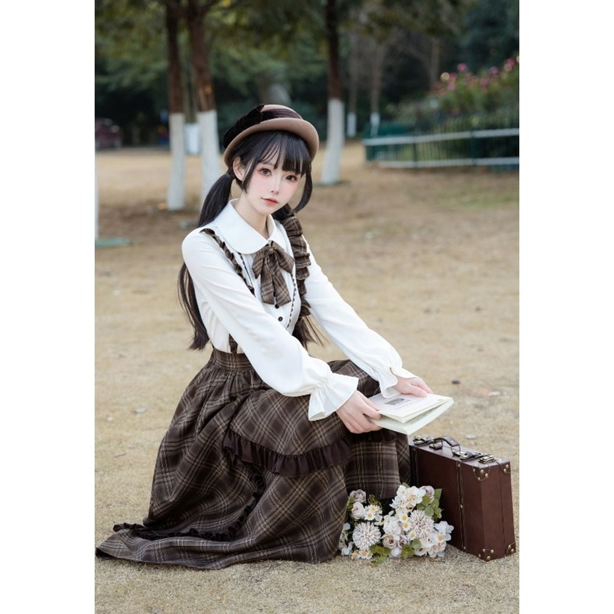 Brown Plaid Jumper Skirt Ensemble