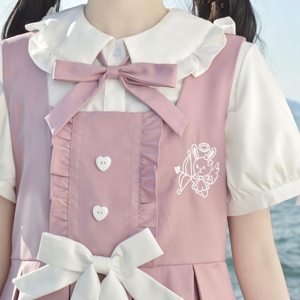 Cute Frill Blouse and Ribbon Jumper Skirt Set