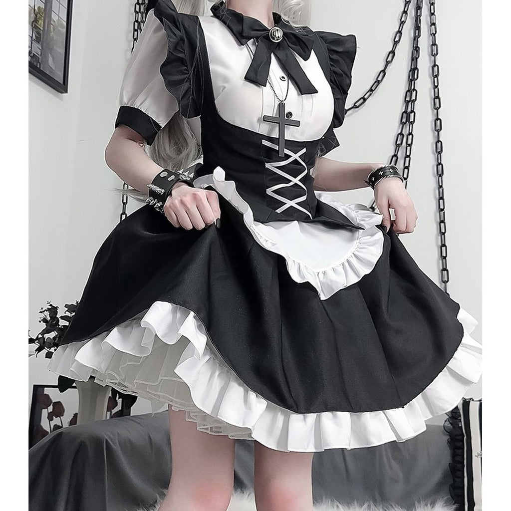 Gothic Lace-Up Frill Maid Dress