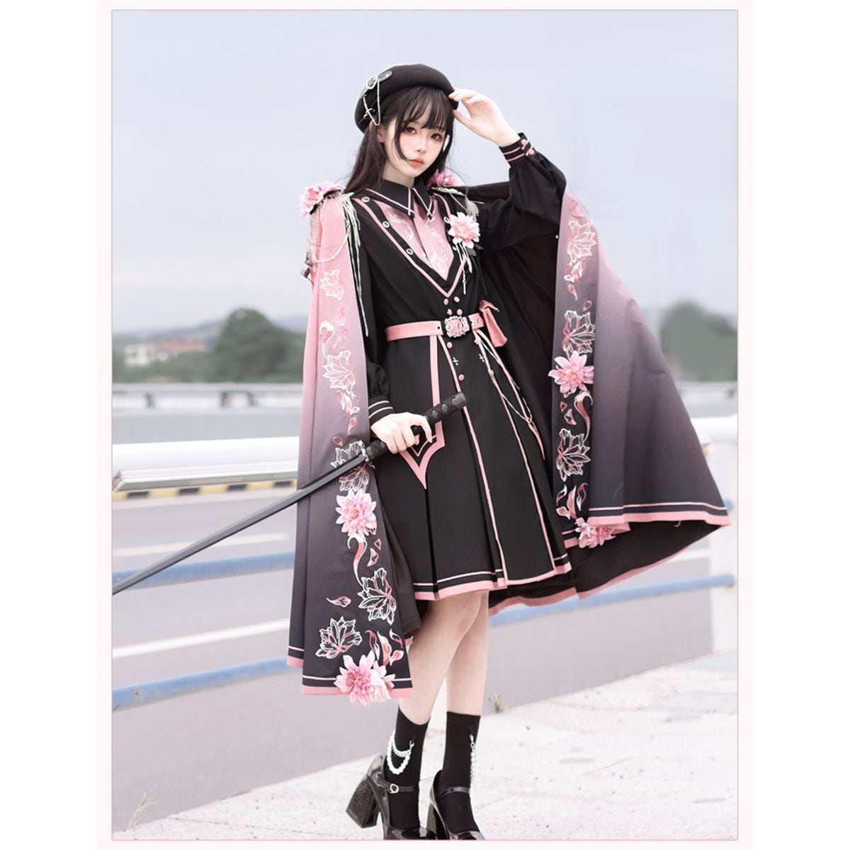 Pink and Black Military Lolita Dress Set