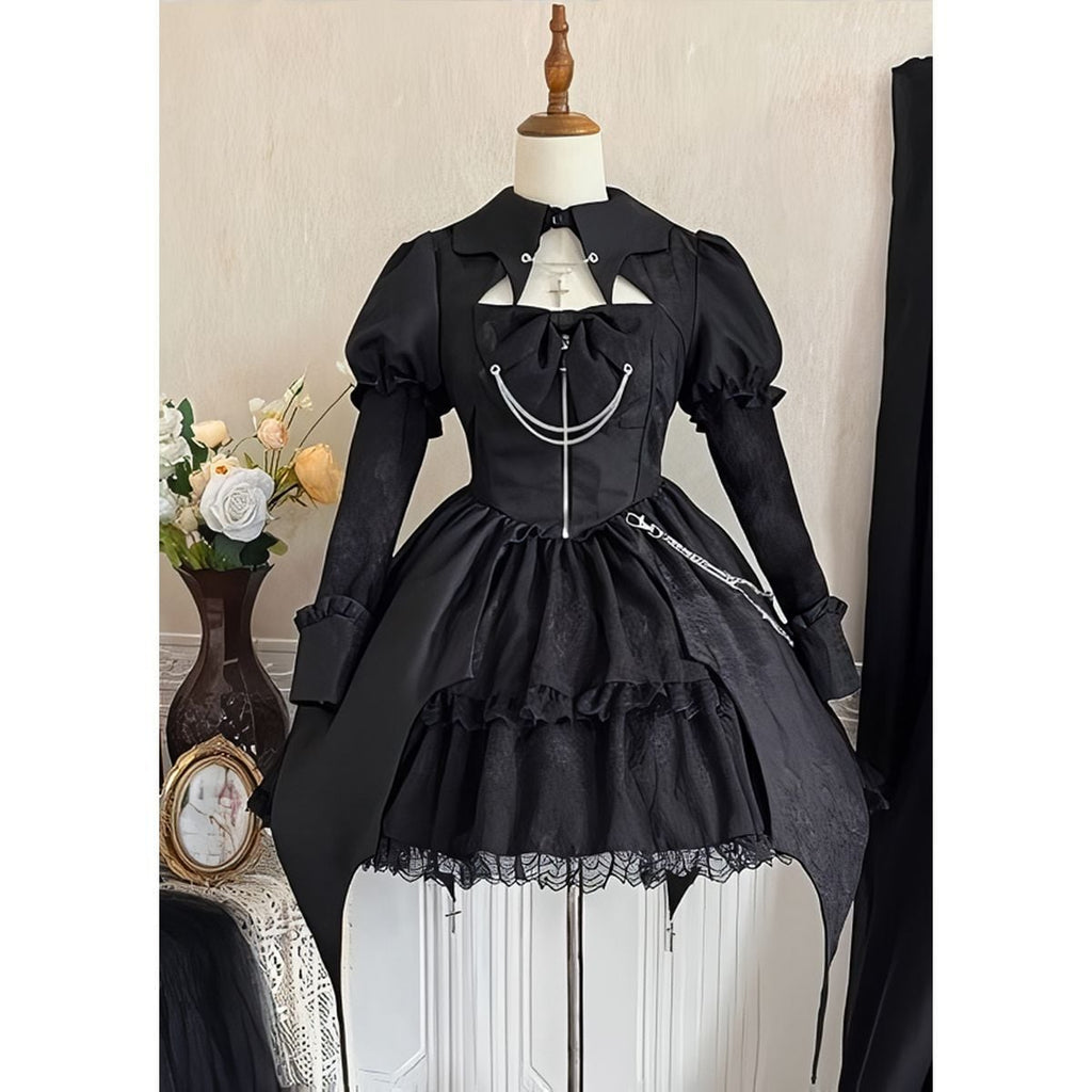 Gothic Chain-Embellished Frill Dress