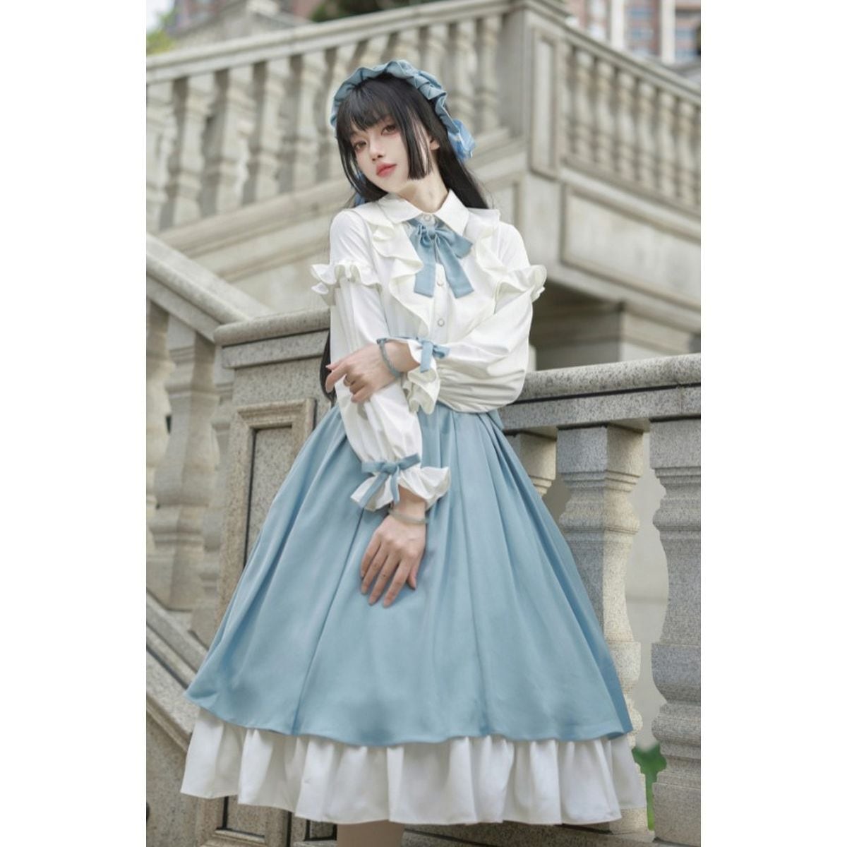 Elegant Sky Blue Ruffle Skirt Set