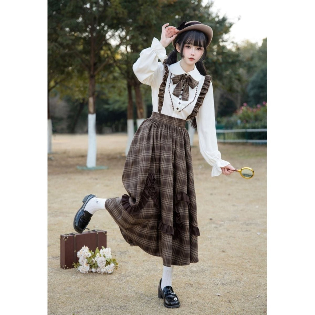 Brown Plaid Jumper Skirt Ensemble