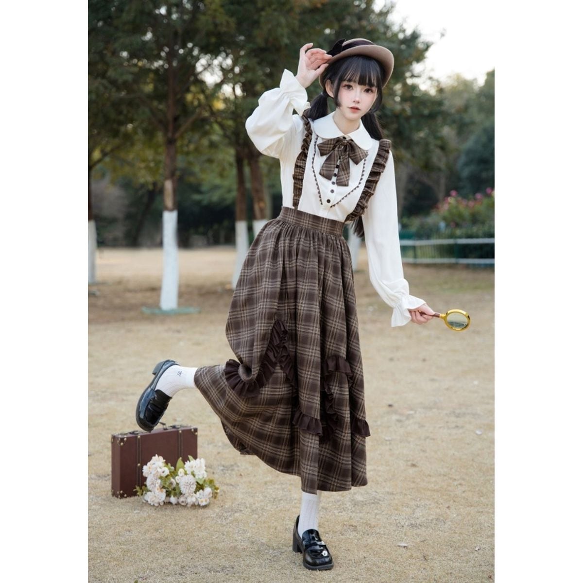 Brown Plaid Jumper Skirt Ensemble