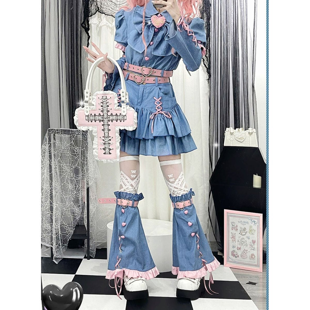 Y2K Mini Skirt Heart Denim Set