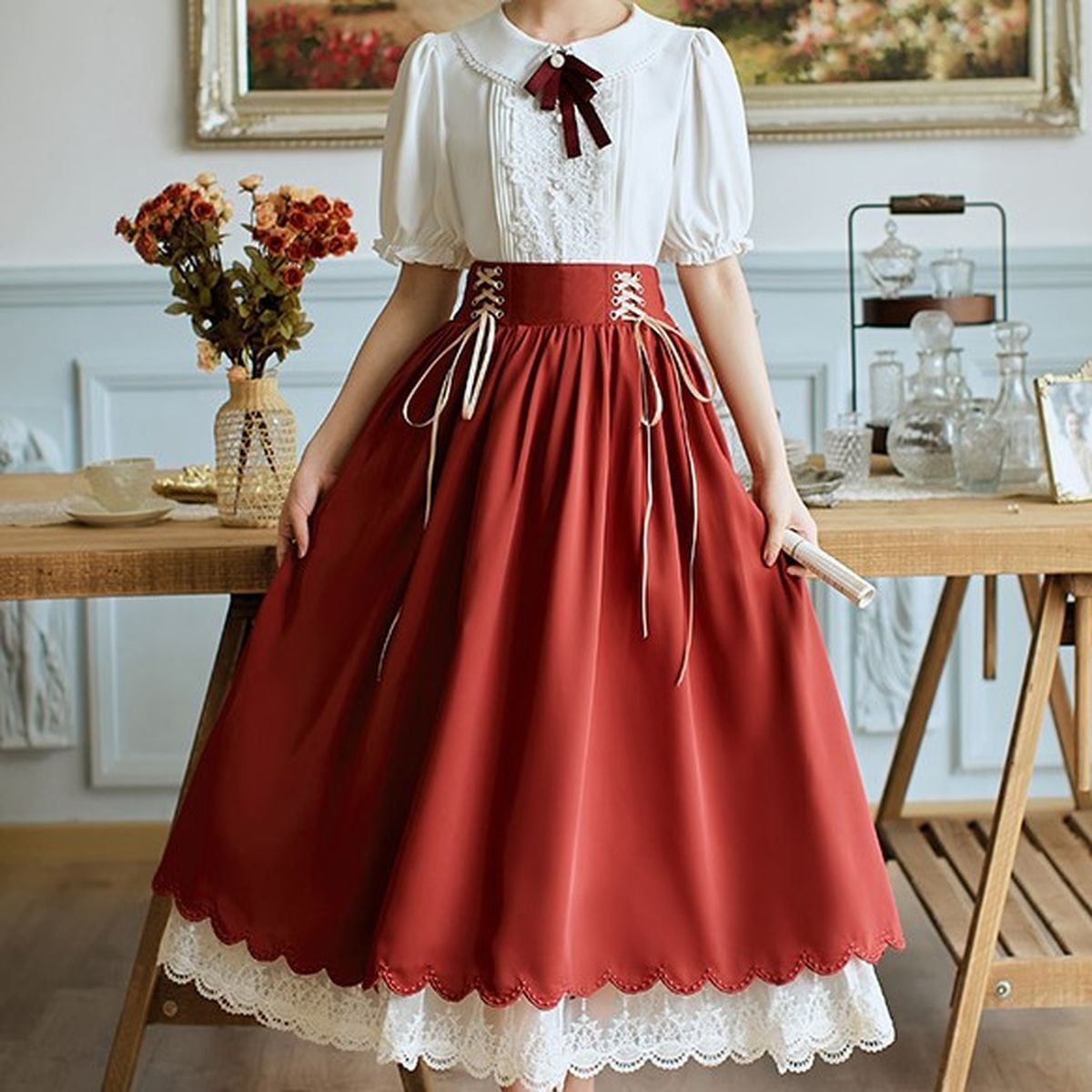 Frilled Sleeve Blouse and Lace-Up Maxi Skirt Set