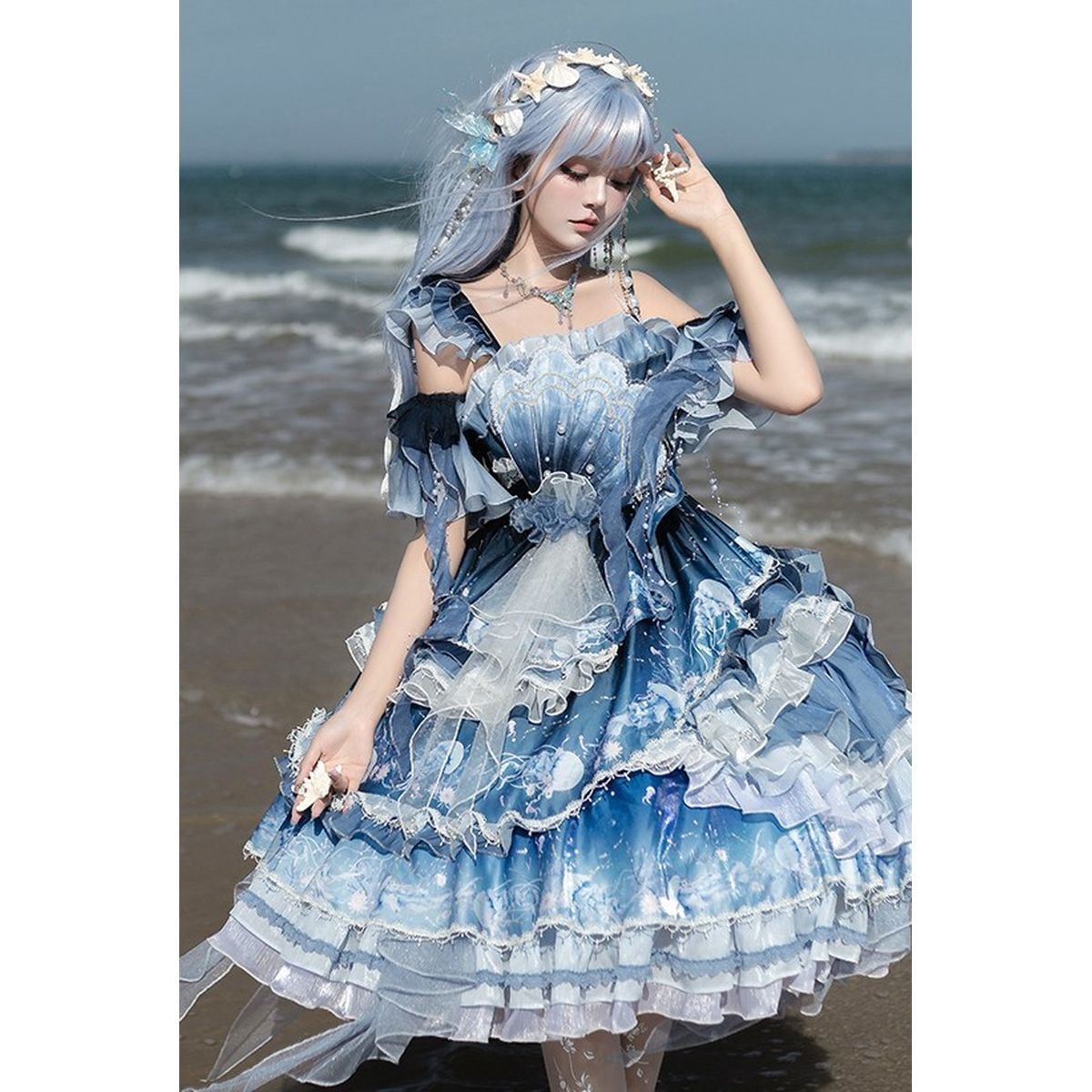 Blue Ruffle Gradient Dress Set