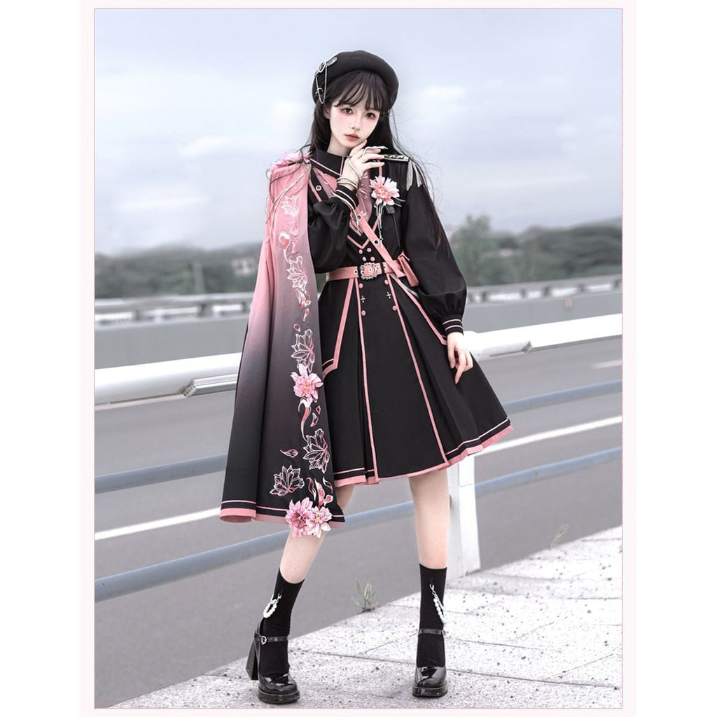 Pink and Black Military Lolita Dress Set