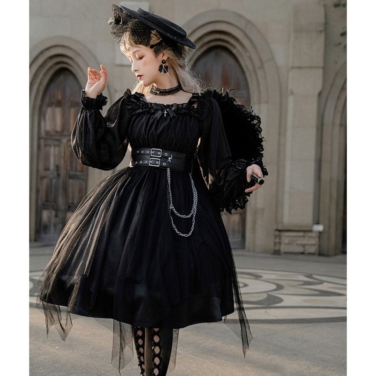 Gothic Off-Shoulder Double Belt Dress