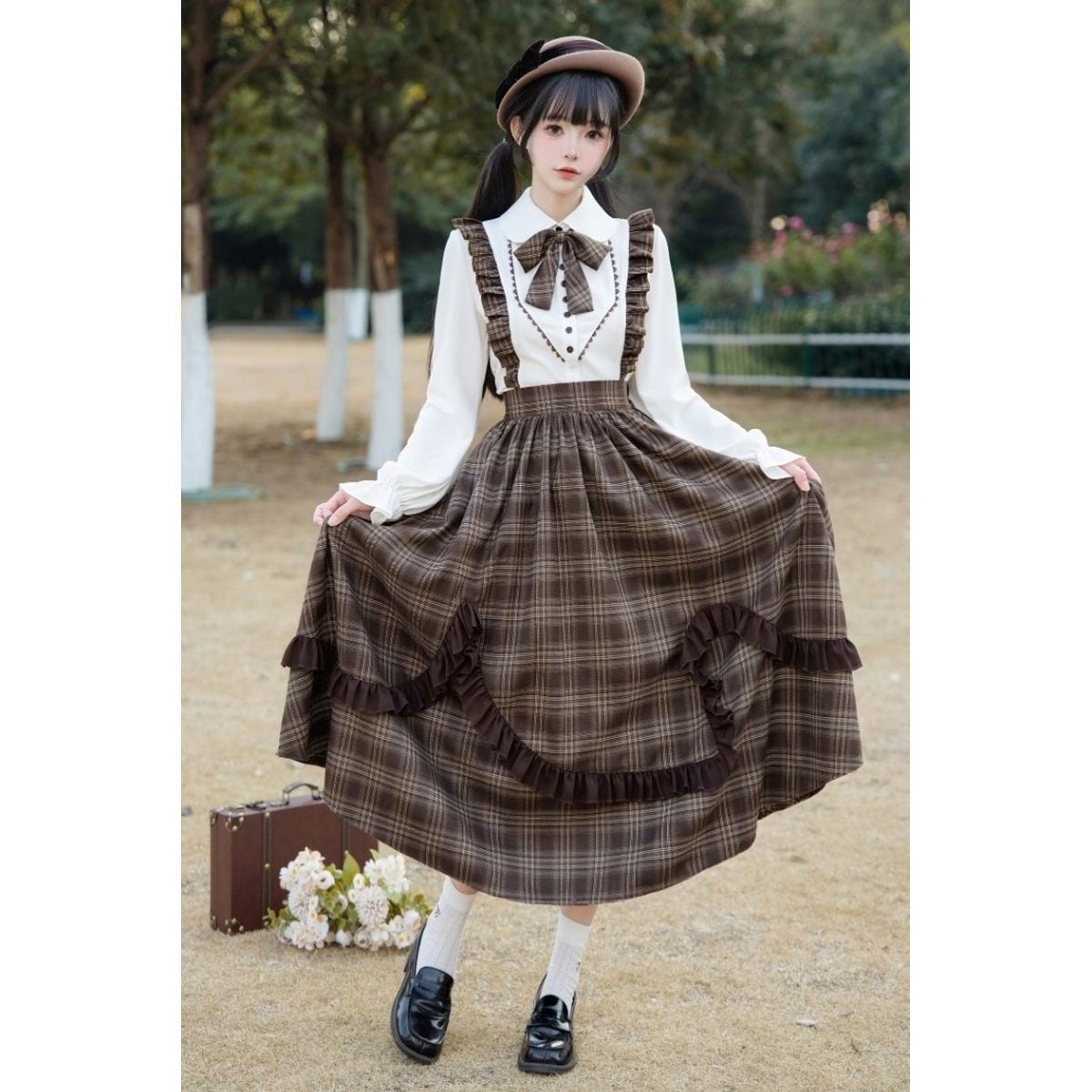 Brown Plaid Jumper Skirt Ensemble