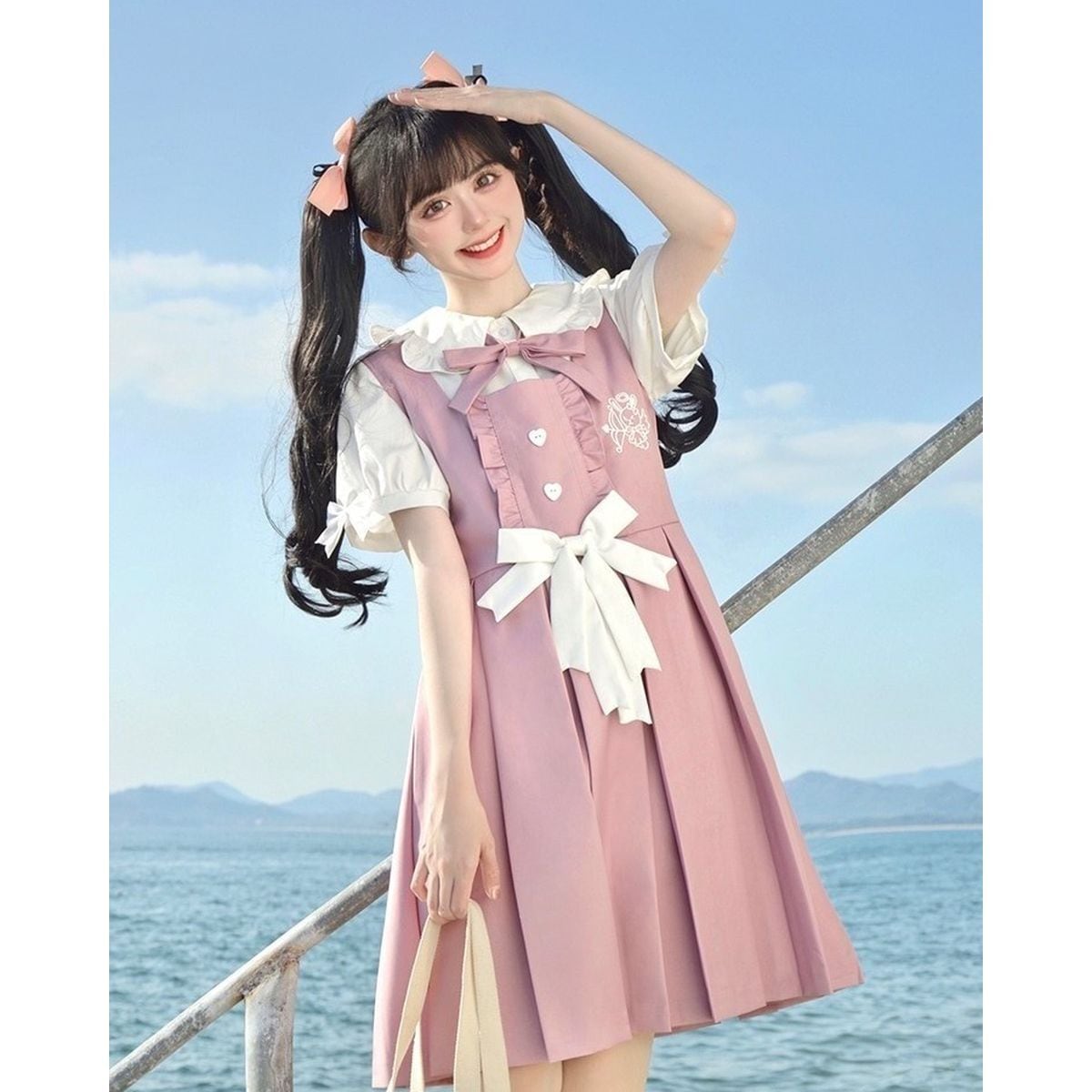 Cute Frill Blouse and Ribbon Jumper Skirt Set