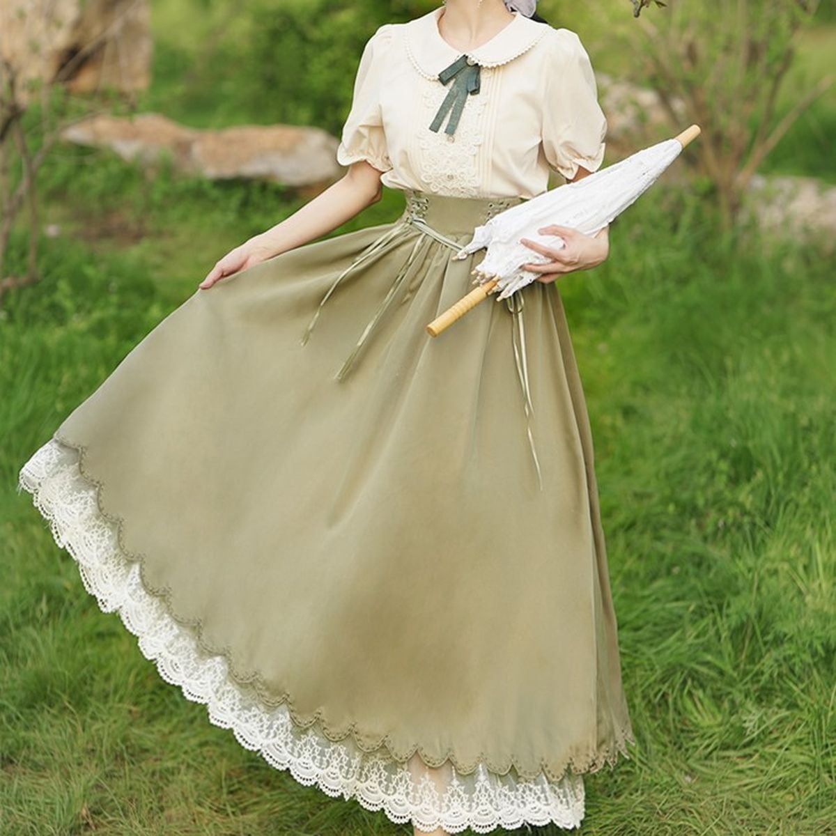 Frilled Sleeve Blouse and Lace-Up Maxi Skirt Set