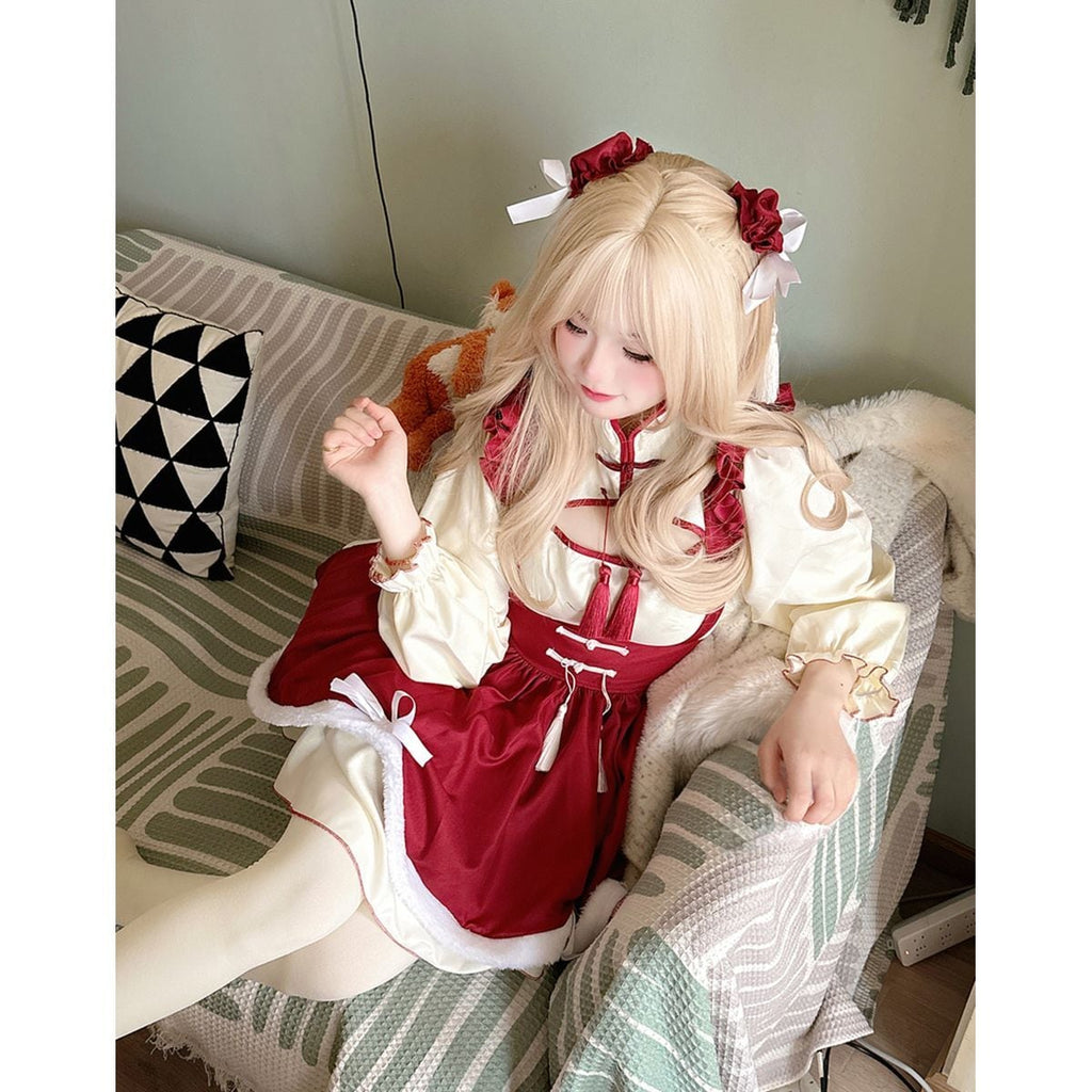 Red Frilled Maid Outfit with Chinese Design