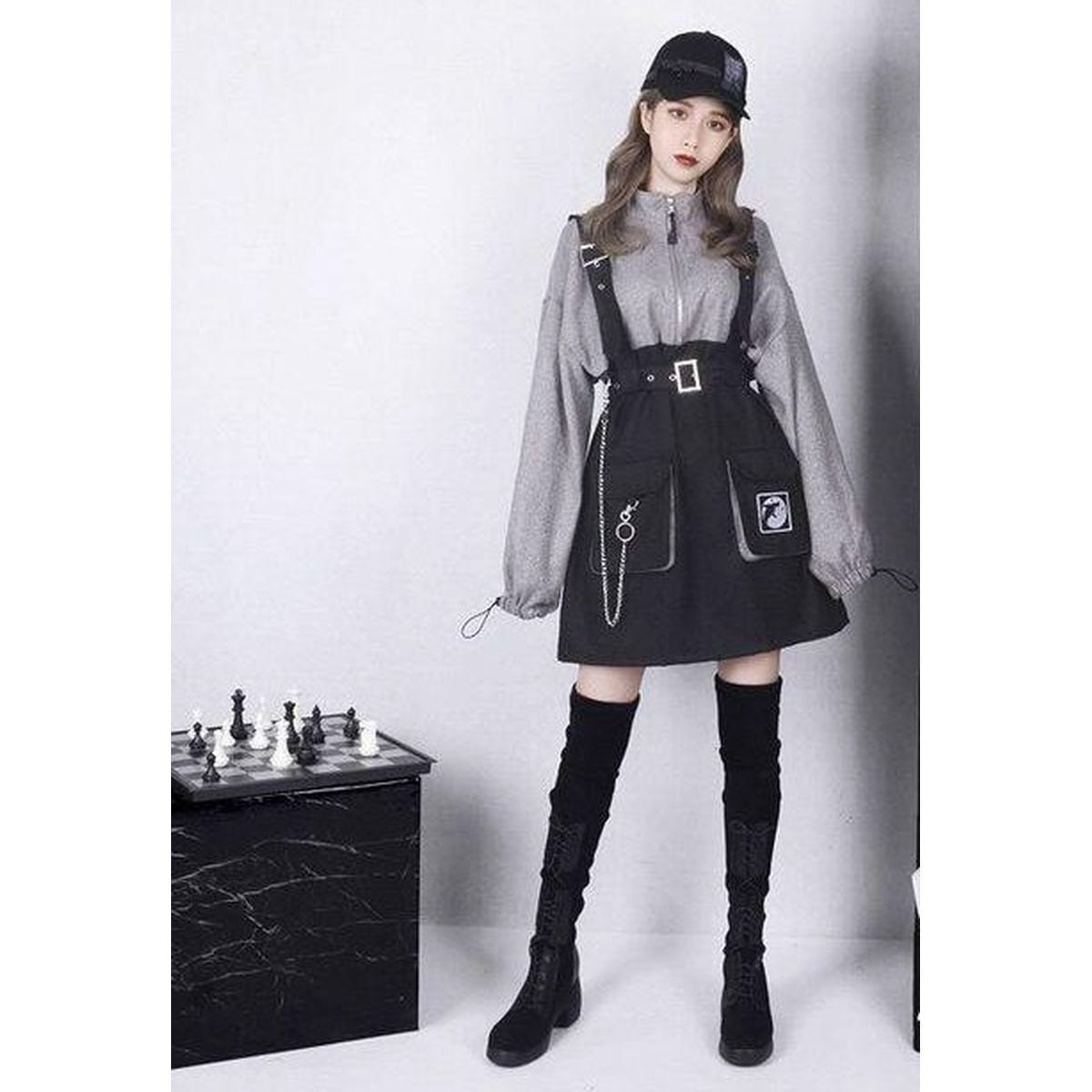 Stylish Felt Dress with Suspenders