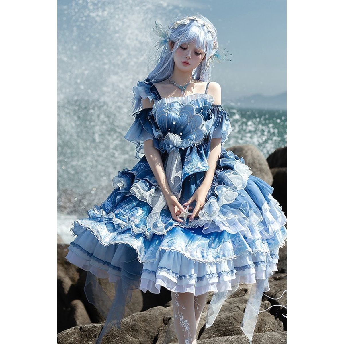 Blue Ruffle Gradient Dress Set