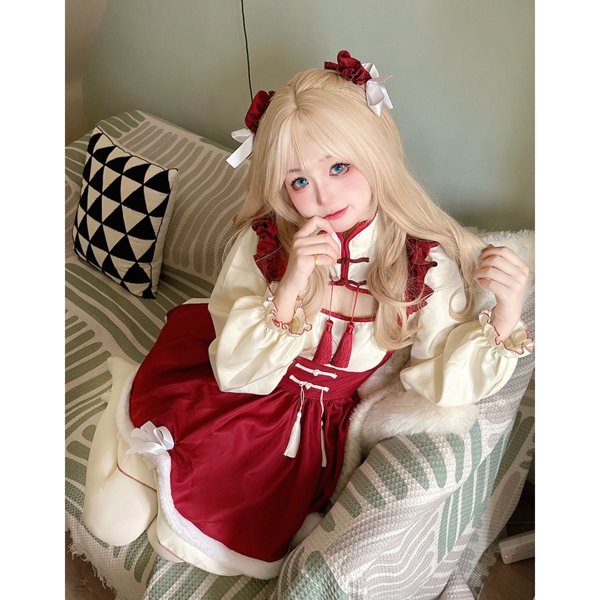 Red Frilled Maid Outfit with Chinese Design