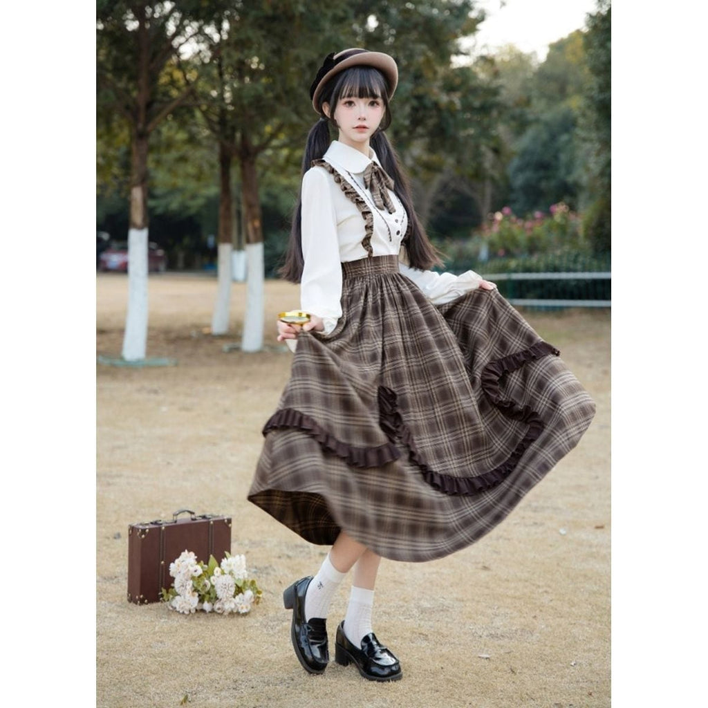Brown Plaid Jumper Skirt Ensemble