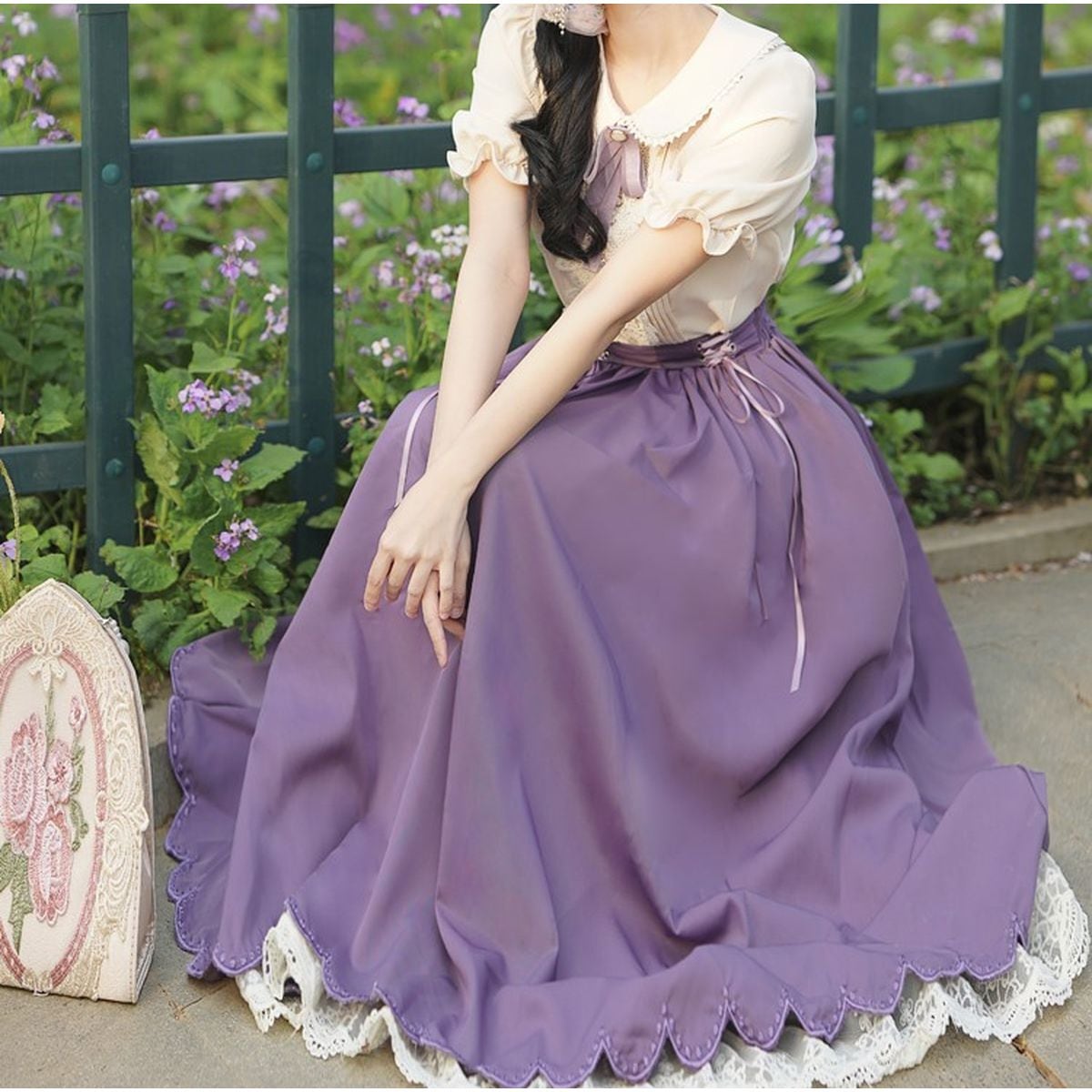 Frilled Sleeve Blouse and Lace-Up Maxi Skirt Set