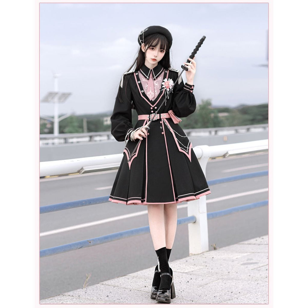 Pink and Black Military Lolita Dress Set