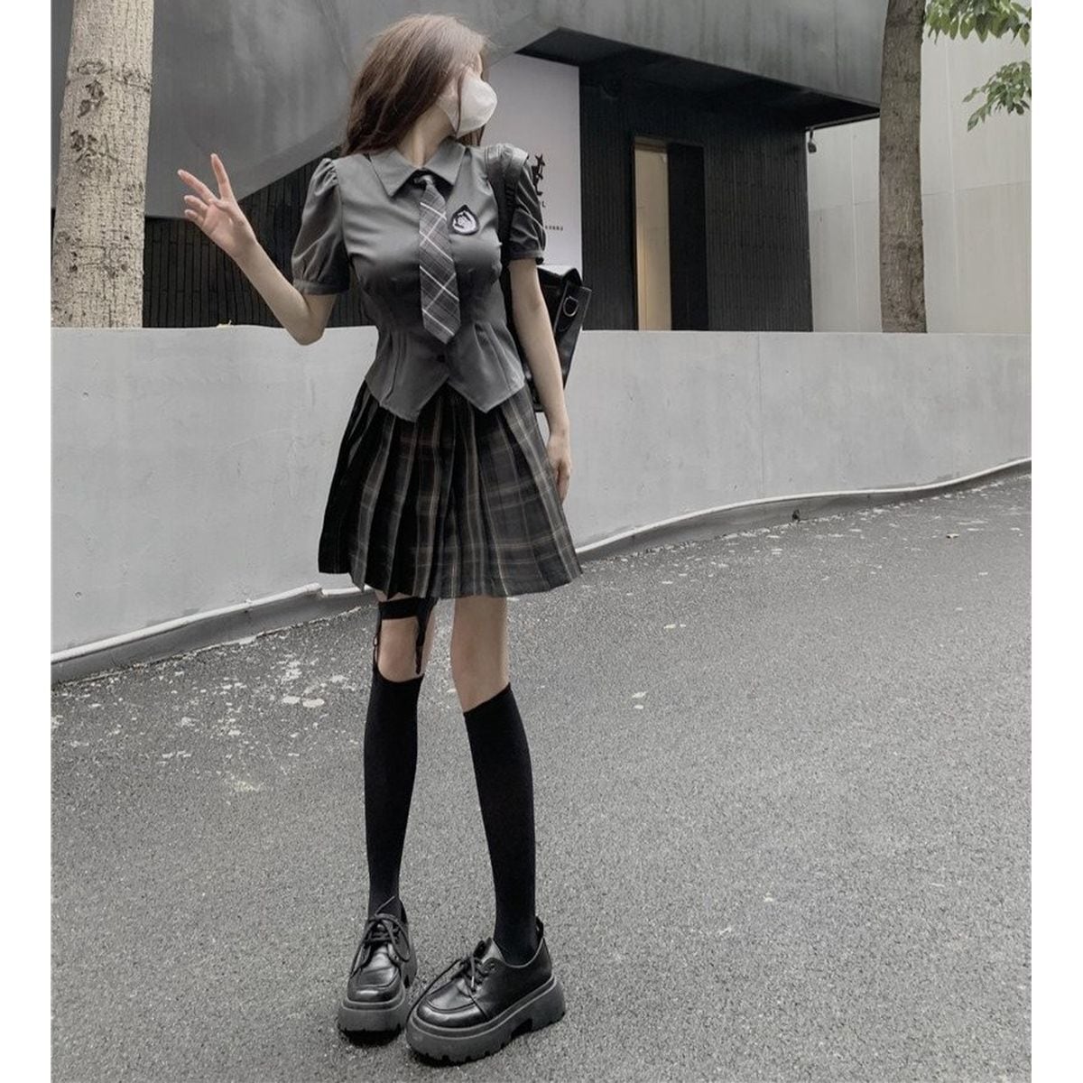 Adorable Checkered Uniform Ensemble