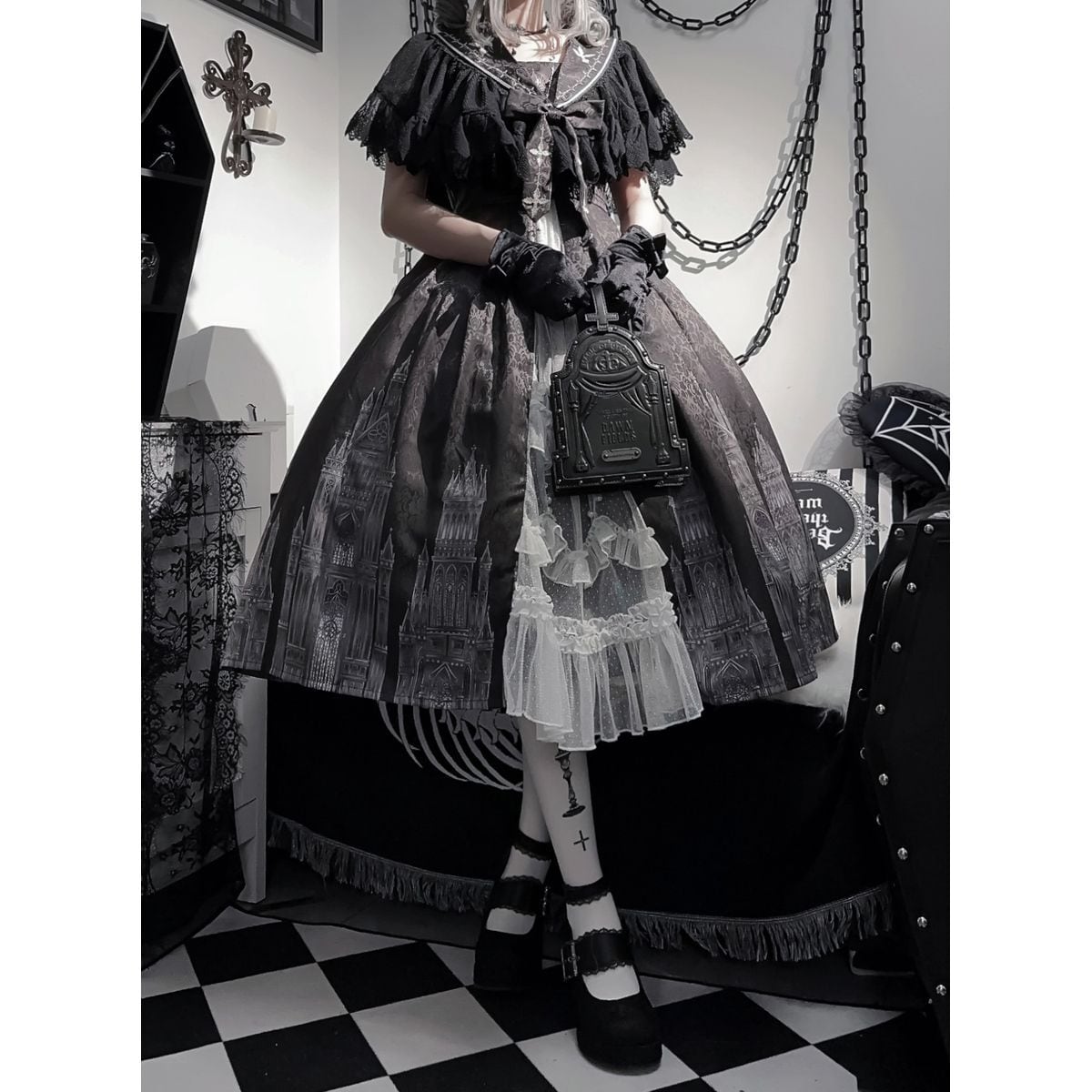 Gothic-Inspired Cape Jumper Skirt Outfit