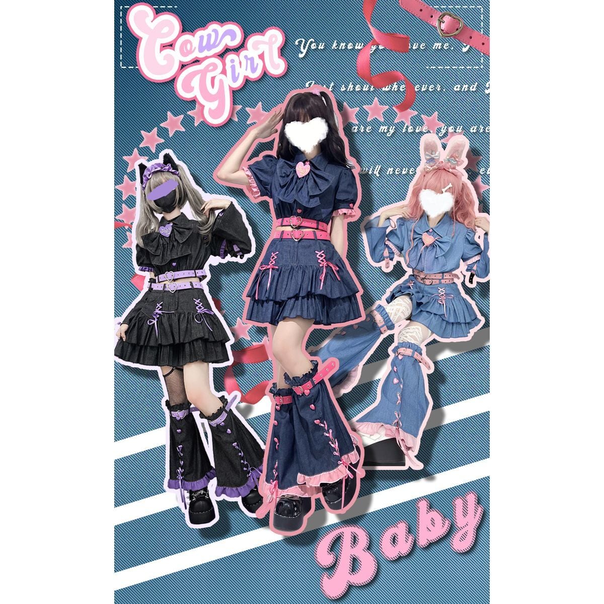 Y2K Mini Skirt Heart Denim Set