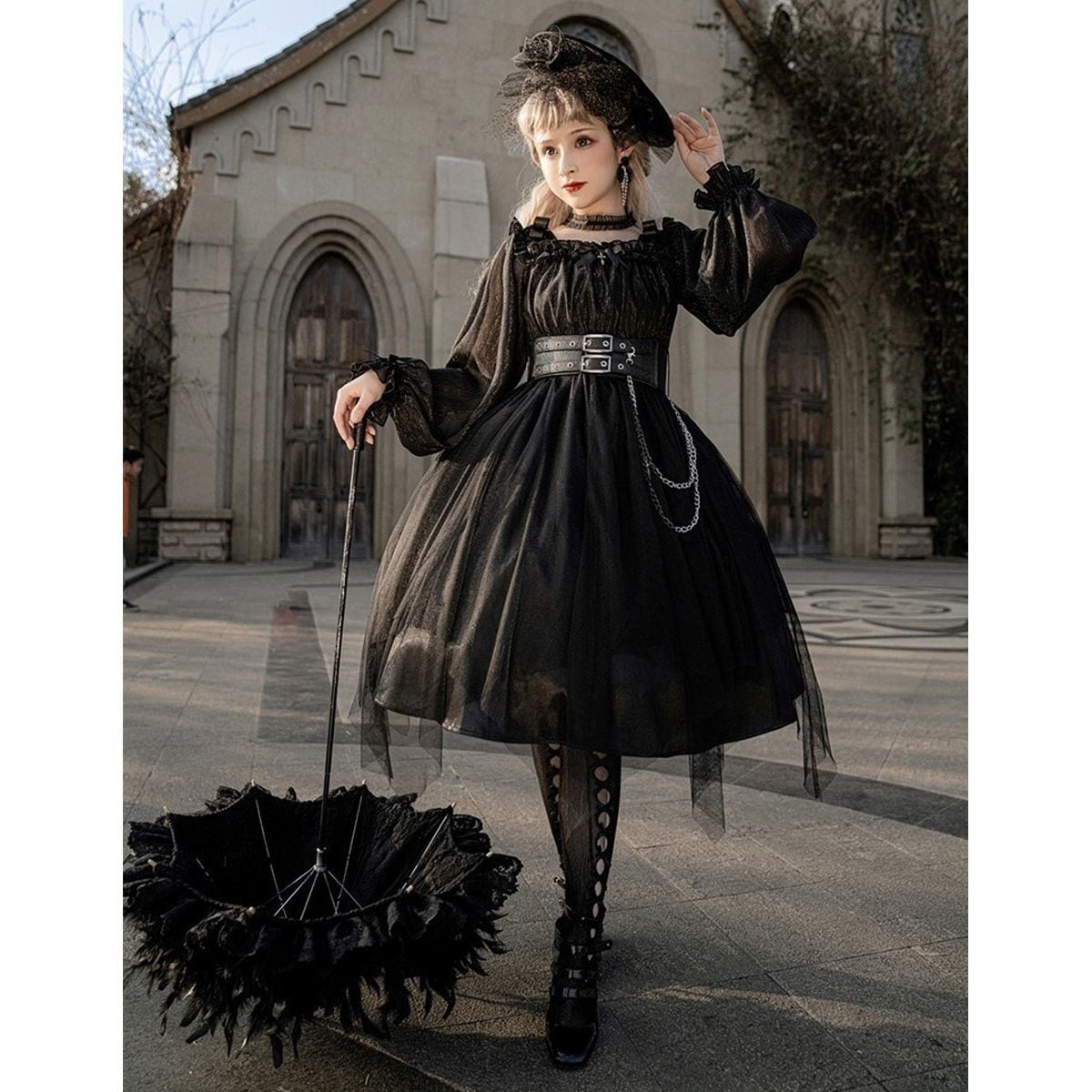 Gothic Off-Shoulder Double Belt Dress